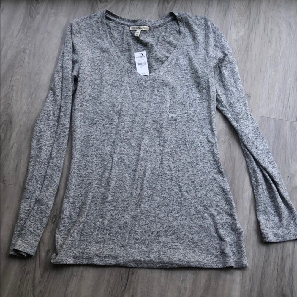 Express Gray V-Neck Long Sleeve Sweater
